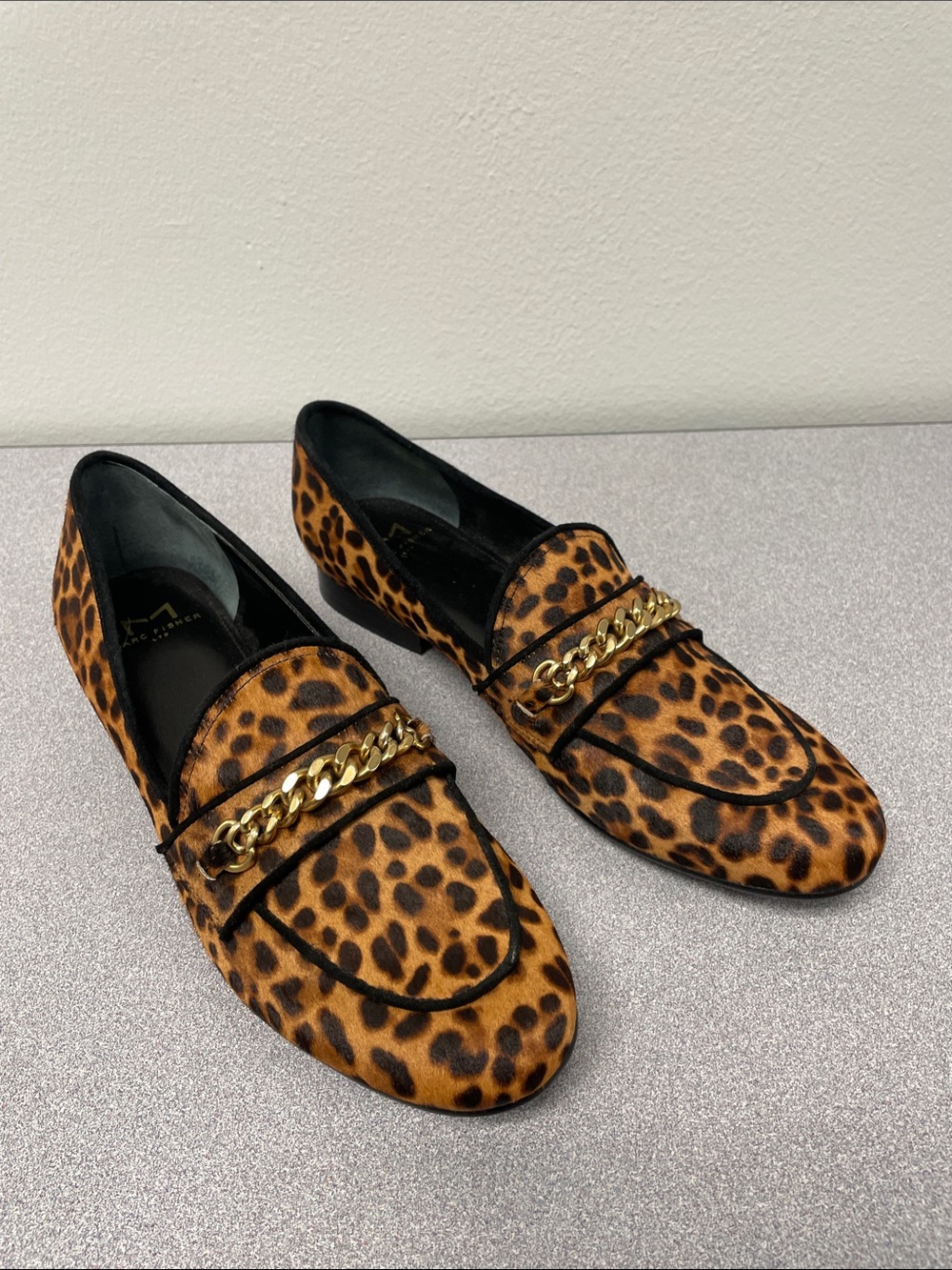 Marc Fisher Leopard Print Chain-Accent Flats - Brown/Black Sz 8
